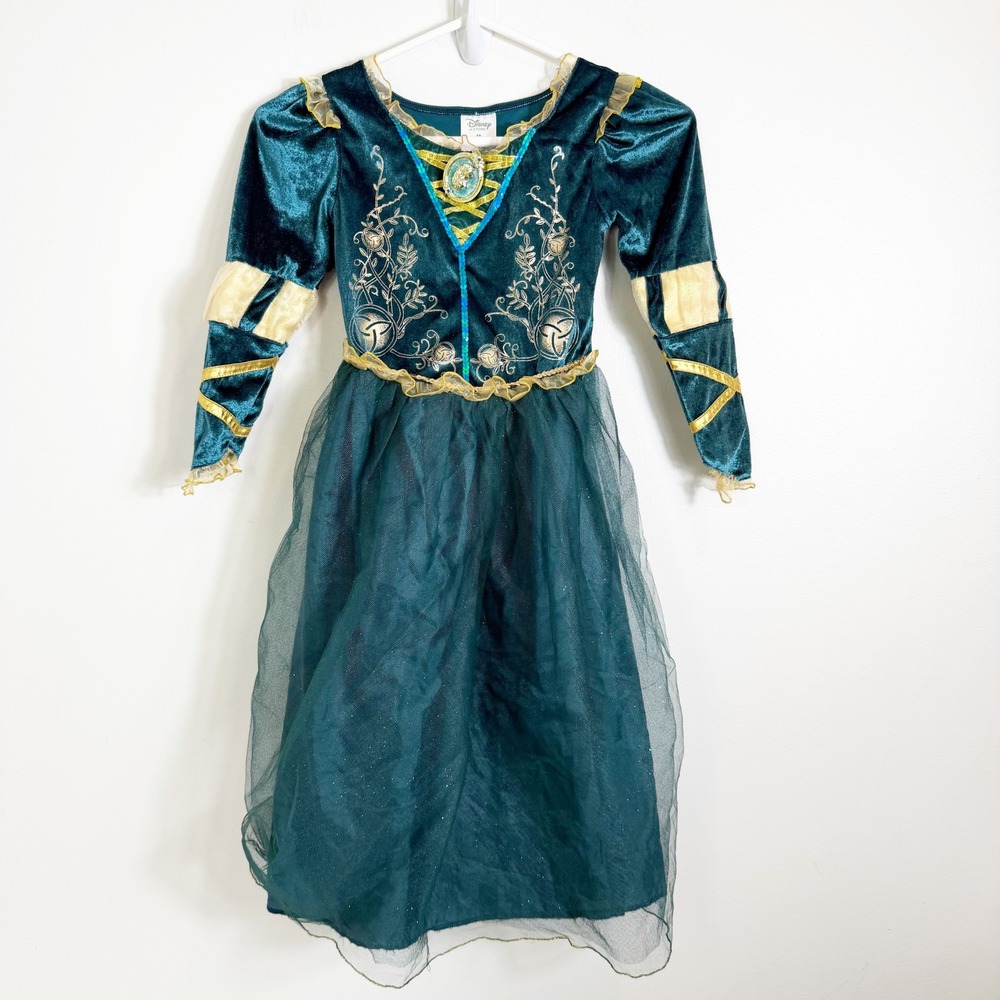 Disney Store Merida Costume Girls 5/6 Teal Brave Princess Dress Gold Embroidery